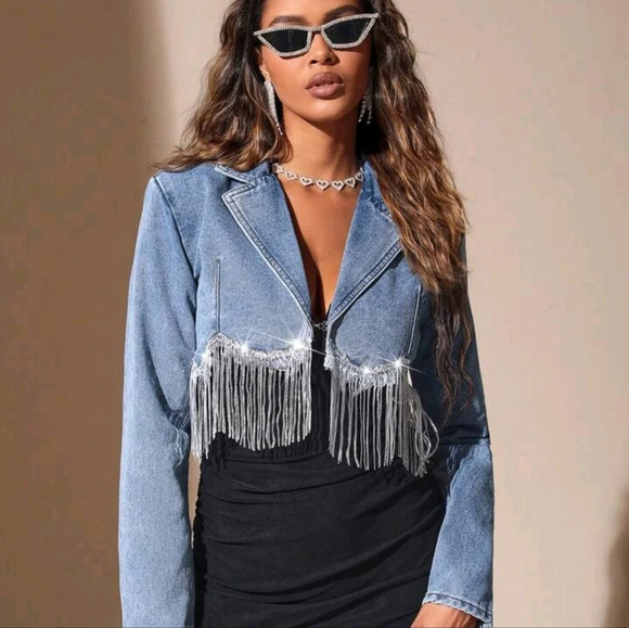 Fringe Trim Crop Denim Jacket Sequin Party Fashion High-End Denim - Picture 1 of 4